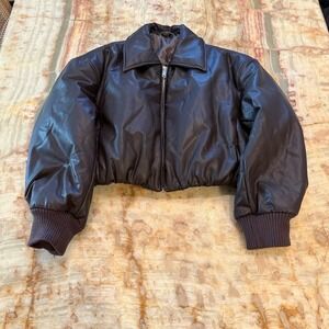 Pike Market Brown Faux Leather Puffer Jacket Women's L Zip Bomber Ribbed Cuff